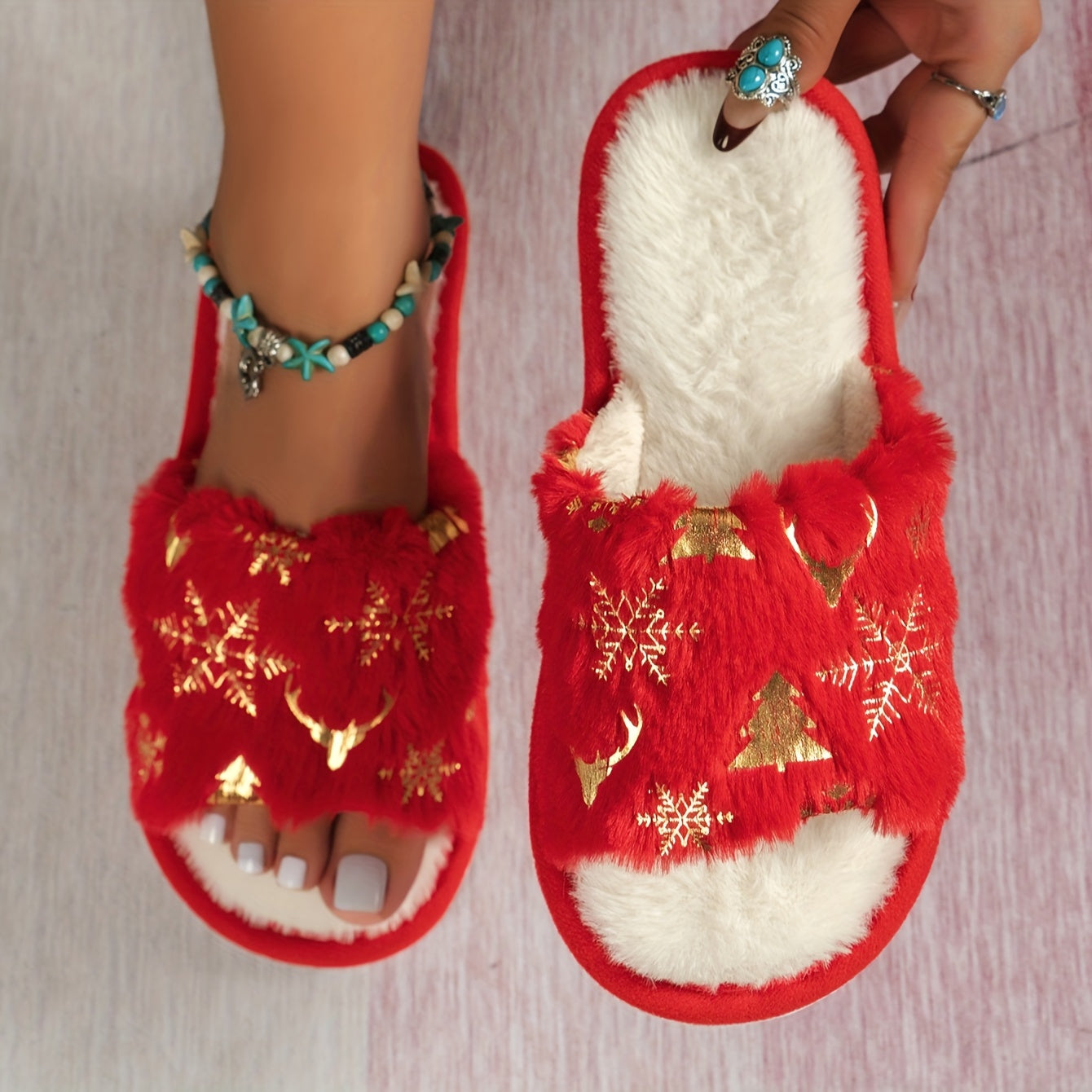 Consuelo Navideo Zapatillas de Peluche Elegantes con rbol de Navidad para Hombres y Mujeres  Zapatos de Casa Cmodos de Punta Abierta Perfectos para Todas las Estaciones Zapatos de Navidad
