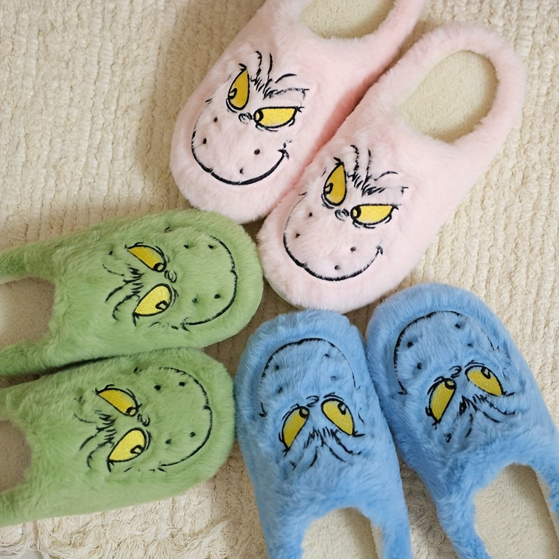 Zapatillas de peluche con pelo verde monstruo navideo bordadas suaves y gruesas para hombre y mujer cmodas y clidas con suela TPR ideales para otoo e invierno